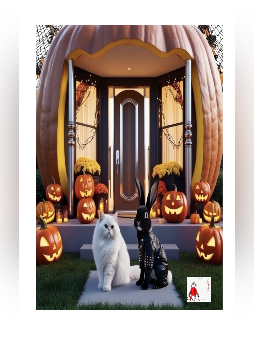 HANDCRAFTED digital art print of a pumpkin house with fur babies in Halloween - Picture 1 of 17
